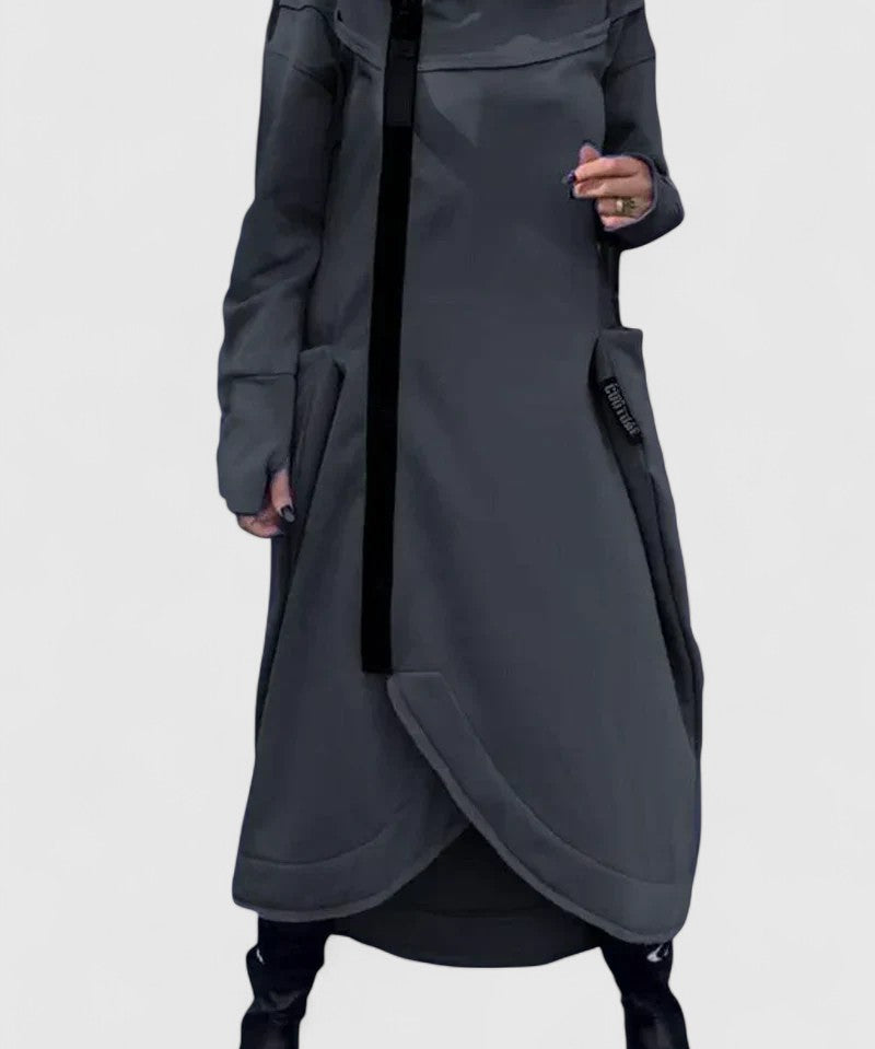 Zita | Hosszú kabát kapucnival cipzárral